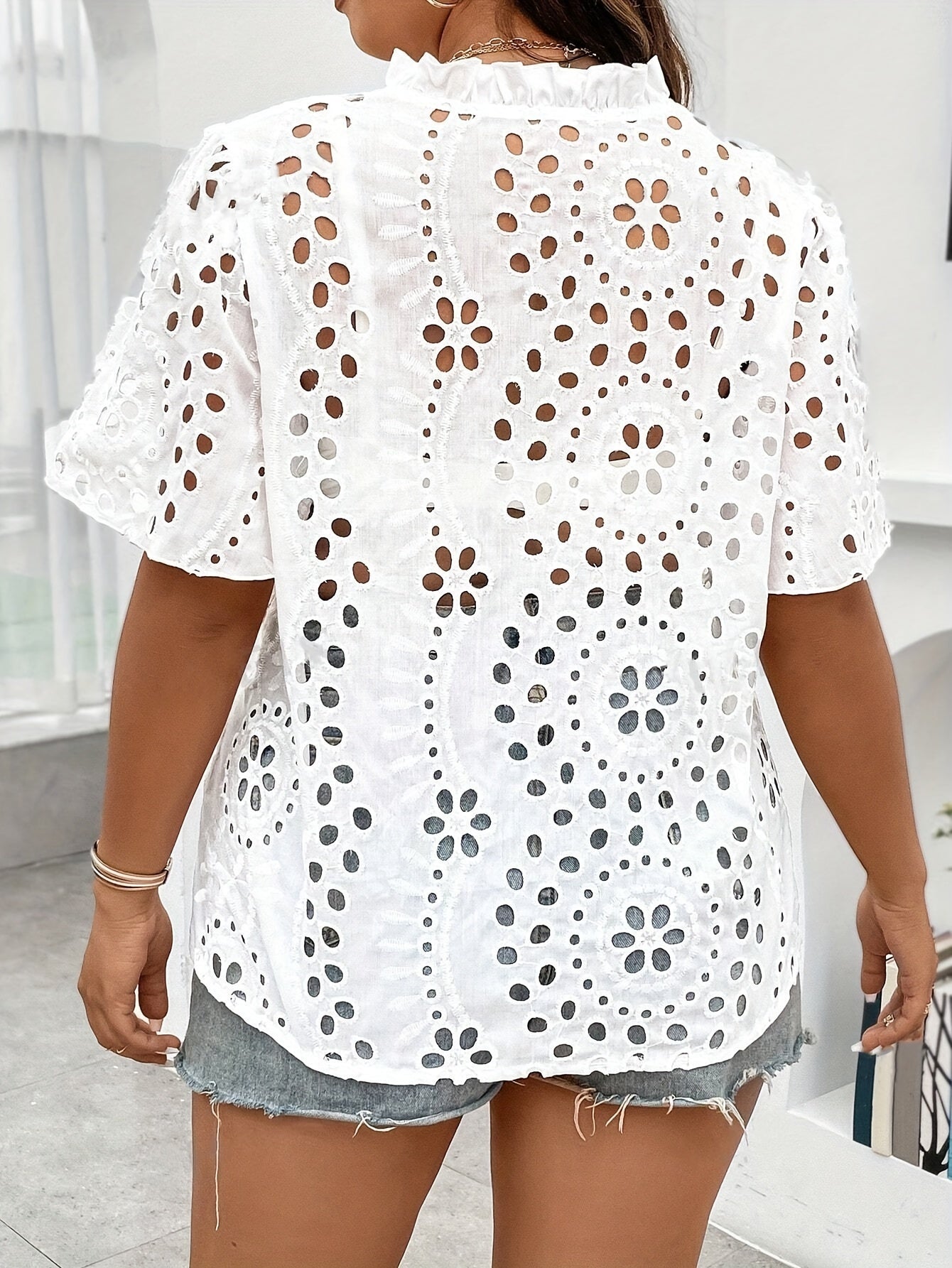 Plus Size Embroidered Eyelet V-Neck Short Sleeve Top for Women