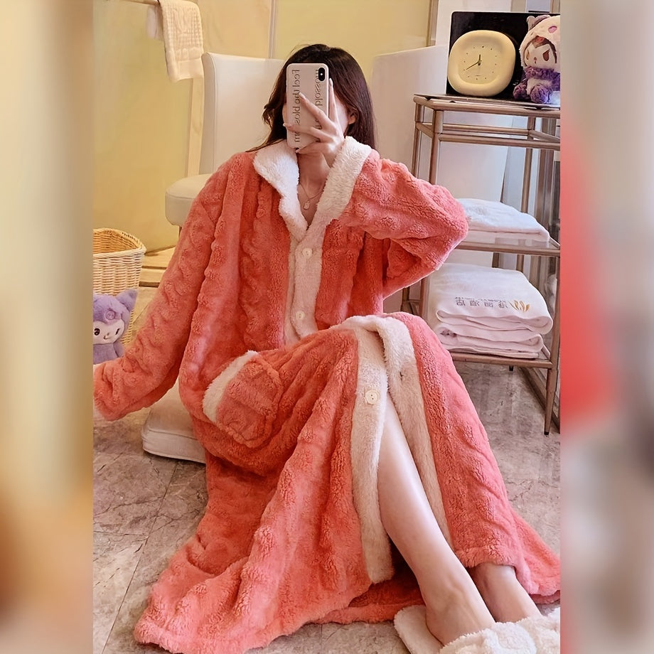 Pink Coral Velvet Women's Bathrobe with Contrast Trim Cozy Lounge Wear