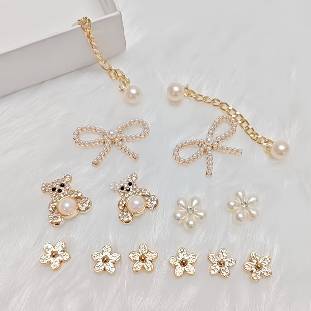 Unisex Pearl and Crystal Shoe Charm Set Detachable Accessories for Sandals