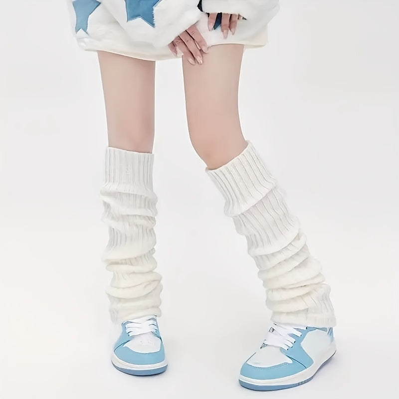 Long Knitted Leg Warmers with Slimming Stripes for Autumn Winter Over-the-Knee Polyester