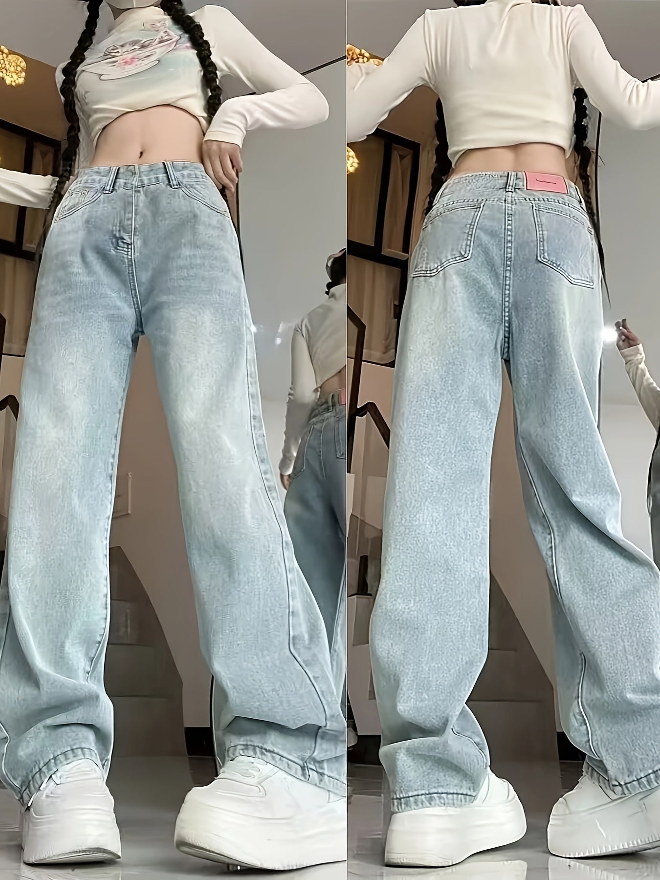 Women's Plus Size Denim Jeans High-Waisted Wide-Leg Solid Color Pants