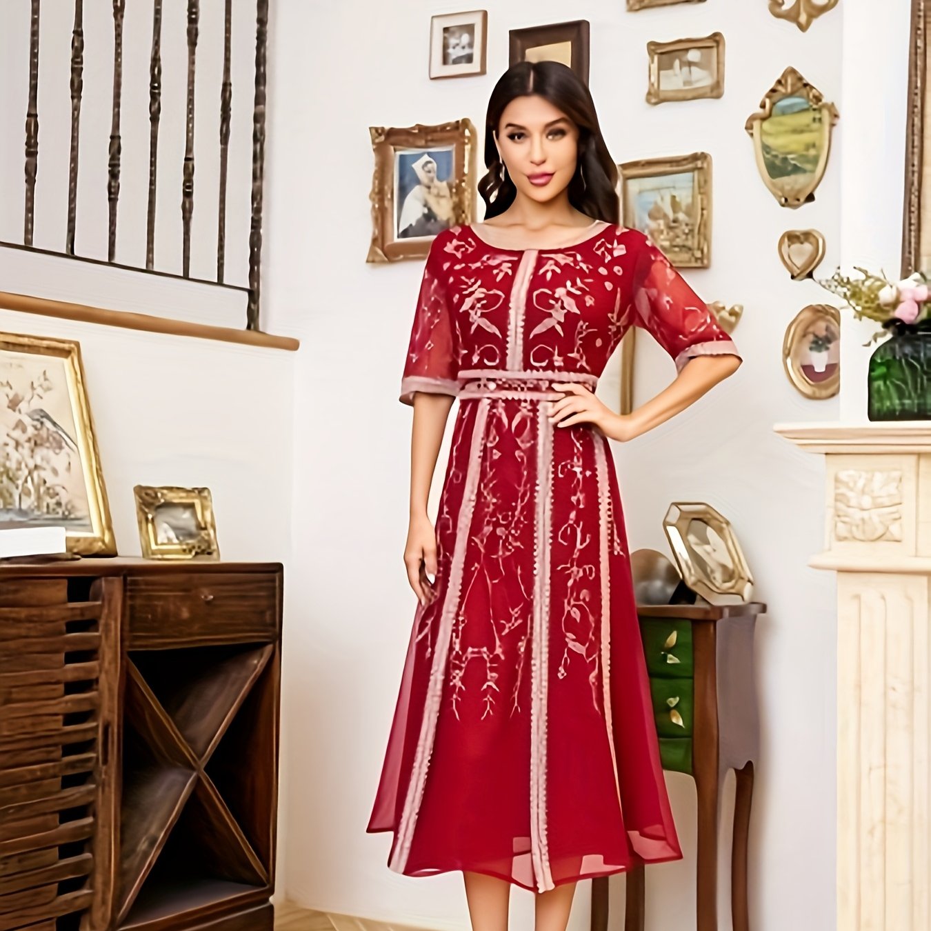 Women's Red Embroidered Sleeveless Dress with Geometric Pattern