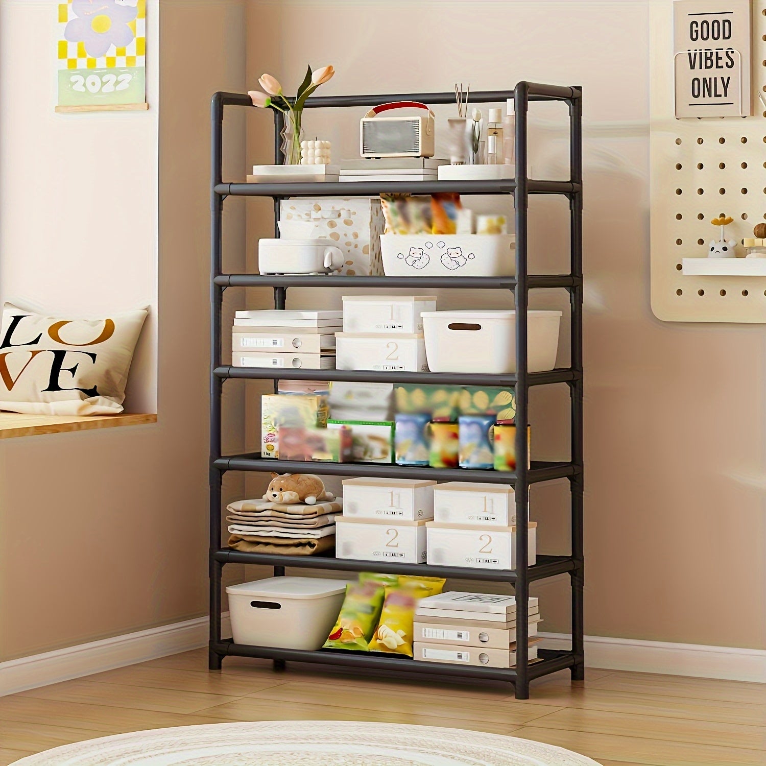 Modern 6-Tier Metal Storage Rack with Large Capacity and Paint Finish for Home Office