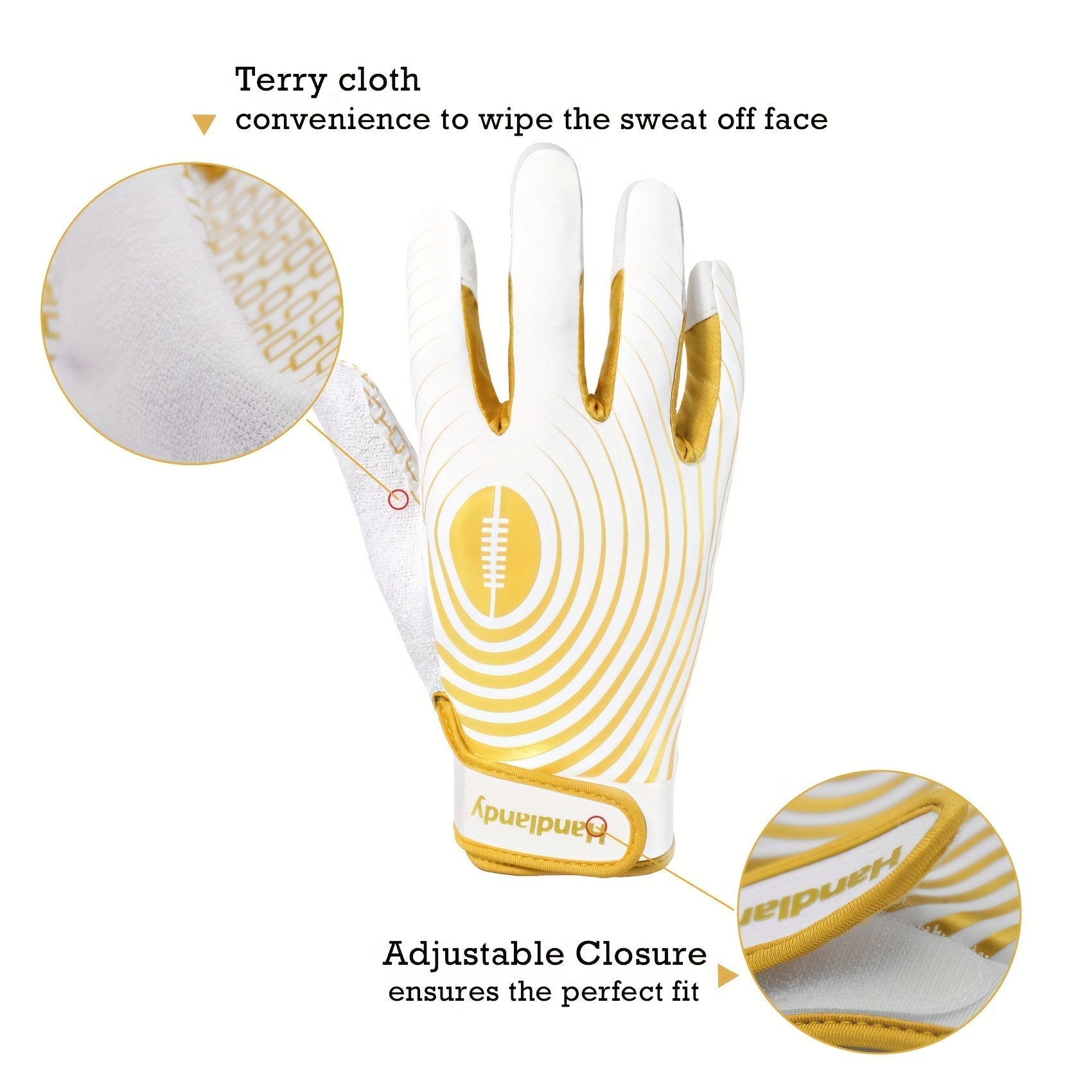 Adjustable Football Gloves with Sticky White and Gold Receiver Palms