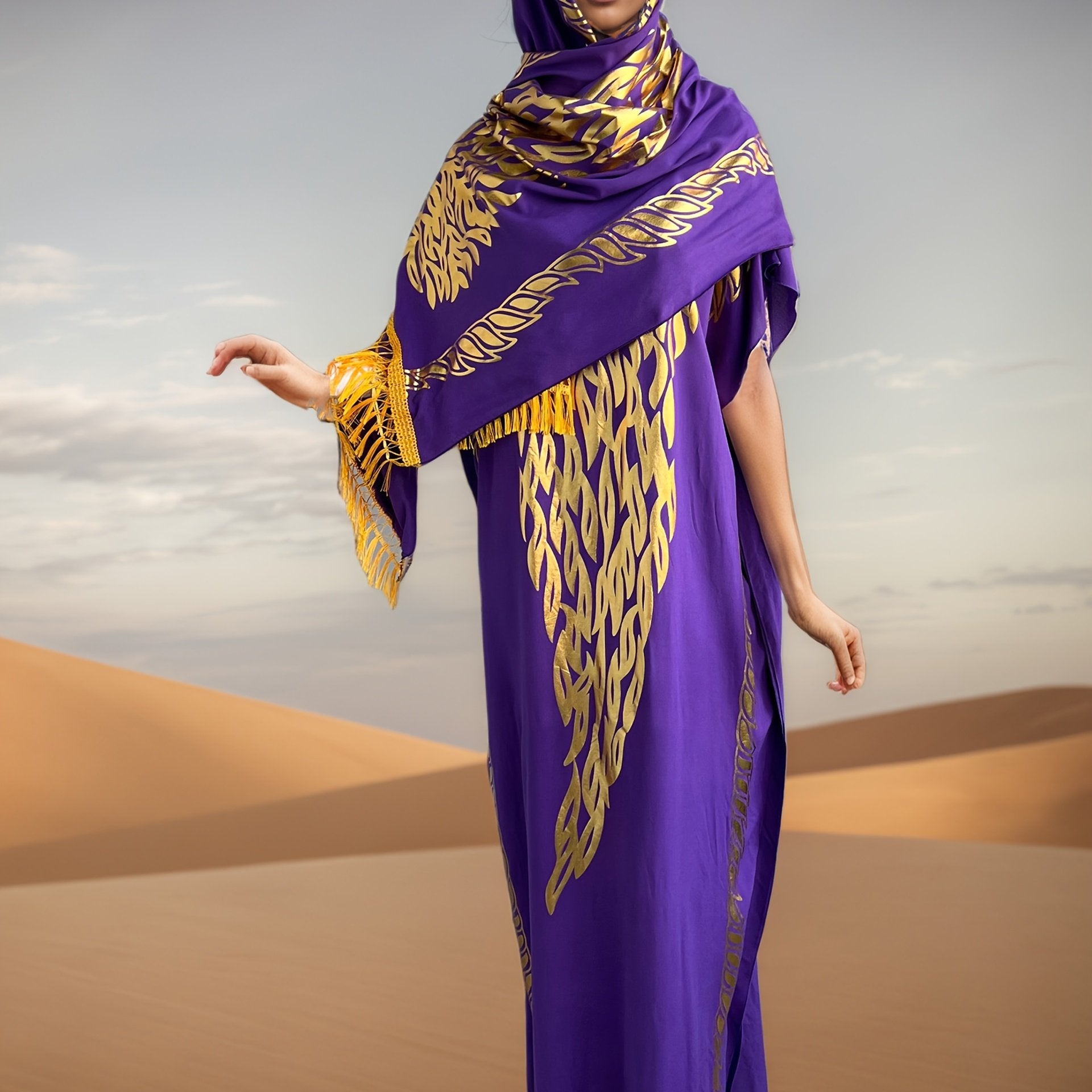 Plus o'lchamli musulmon kiyimi, tassel bosh kiyim bilan, batwing ko'krak, polga cho'zilgan, binafsha mato