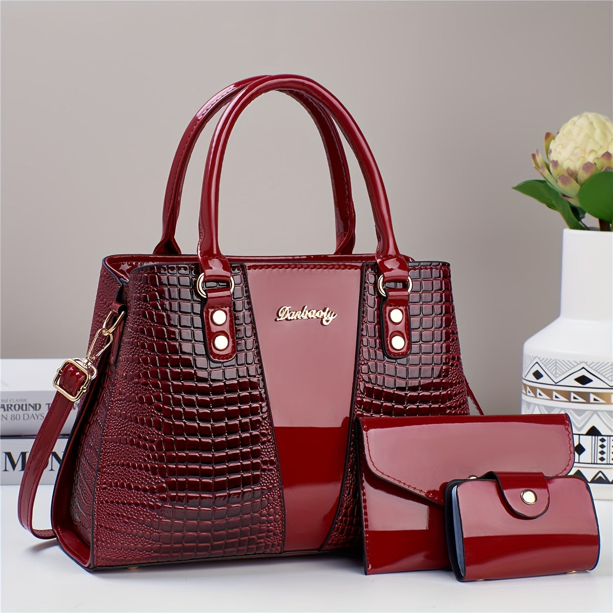 3-Piece PU Handbag Set with Crocodile Pattern Crossbody Shoulder Bag and Coin Purse