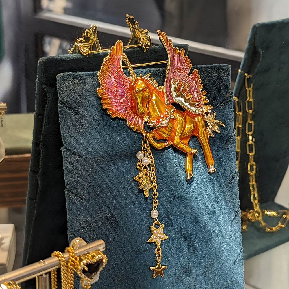 Vintage Enamel Pegasus Brooch Pin with Celestial Stars and Pearls for Women