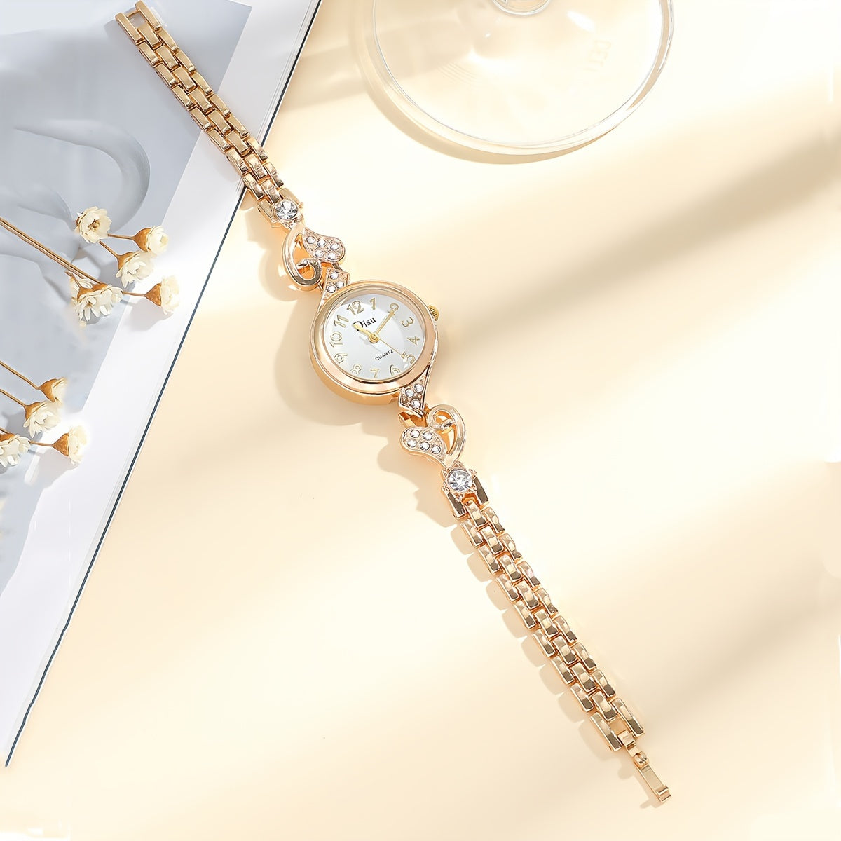 Women's Quartz Watch with Rhinestone Accents, Round Analog Bracelet, Zinc Alloy Band
