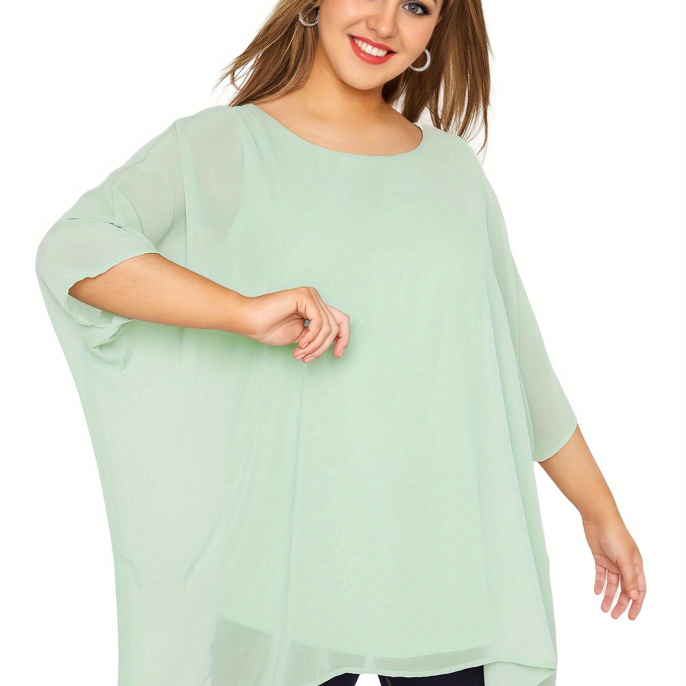 Plus Size Women's Batwing Sleeve Casual Crew Neck Solid Top
