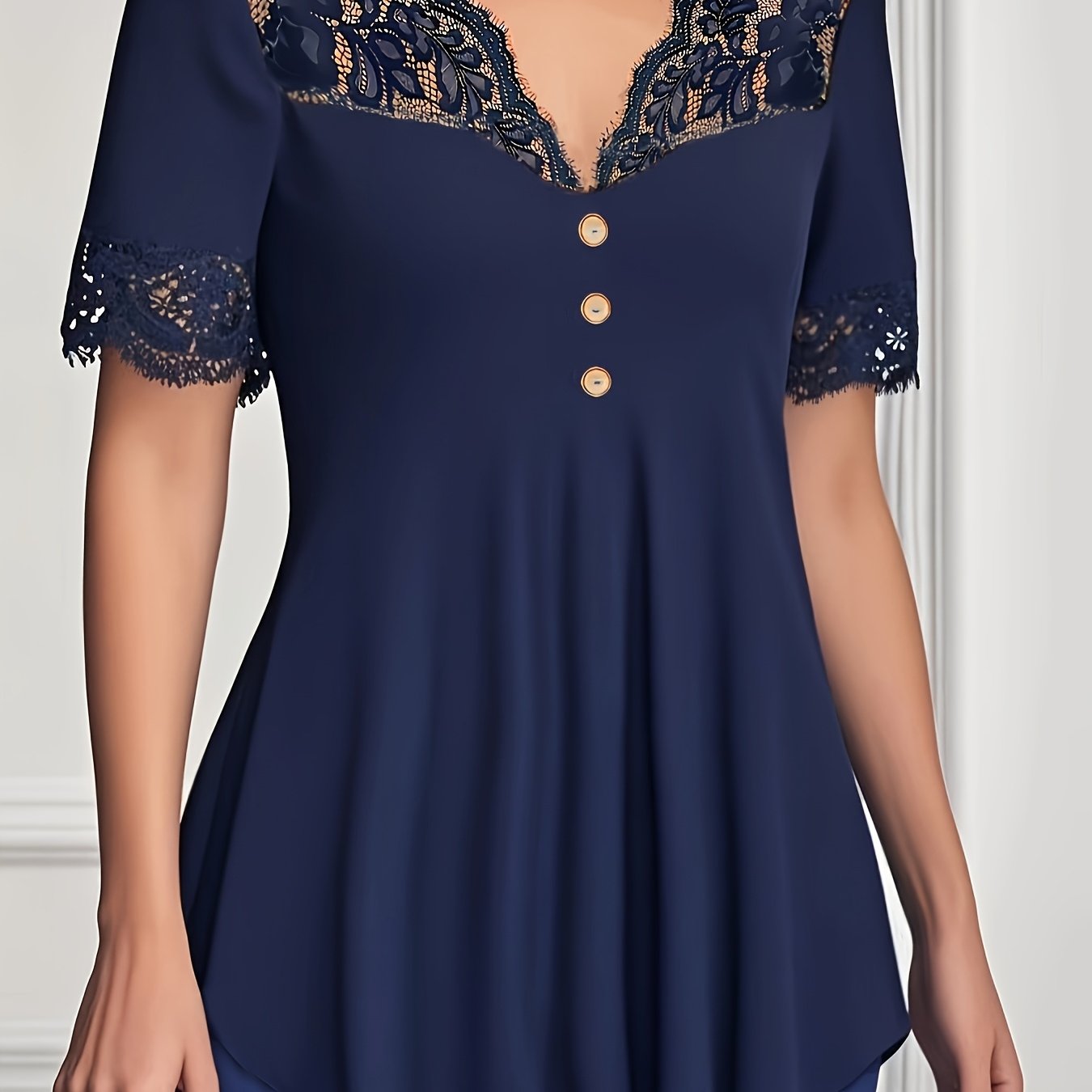 Women's Plus Size V-Neck Blouse with Lace Detail Short Sleeve Navy Blue White