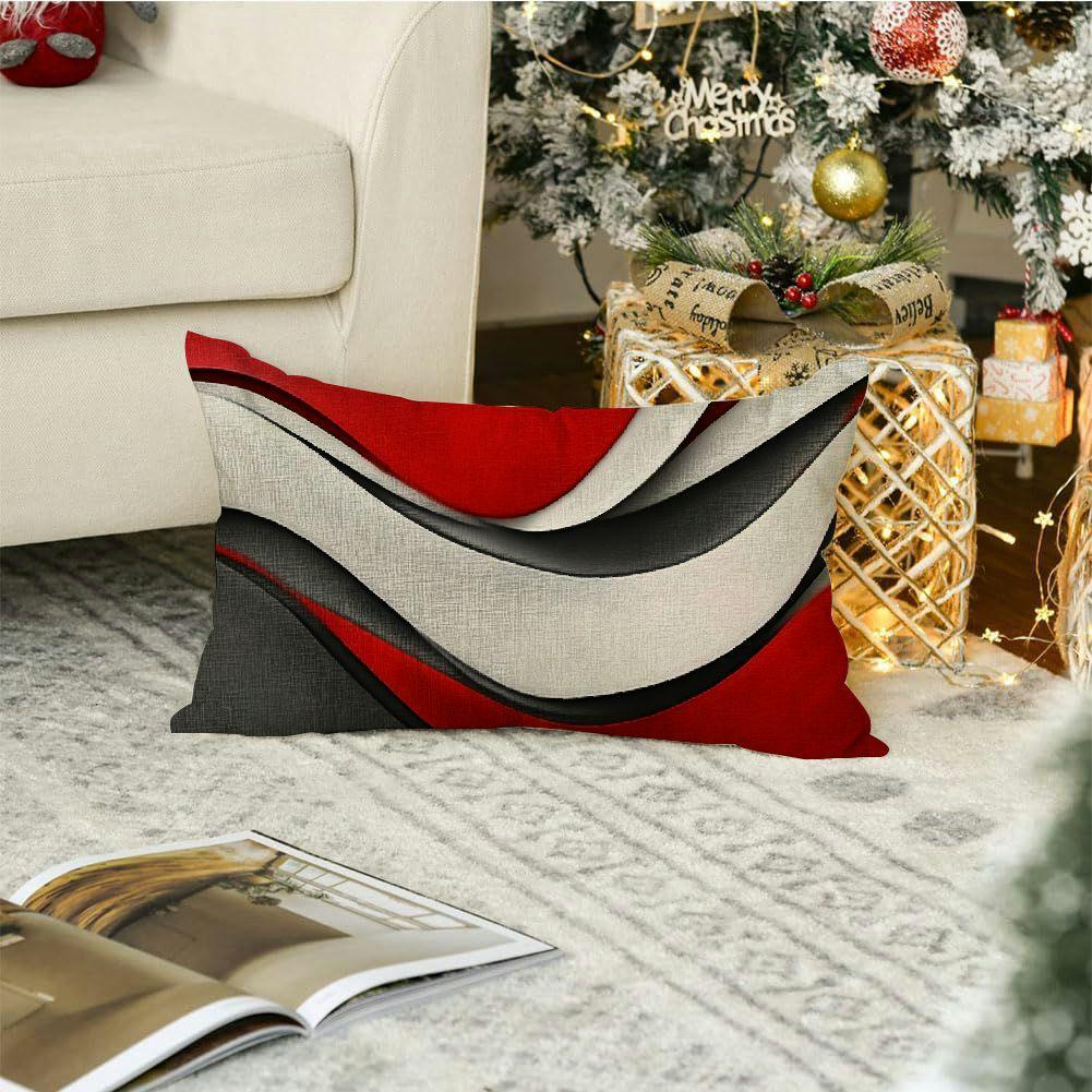 Set of 2 Abstract Rectangular Pillowcases with Geometric Lines, Red White Grey, 30x50 cm