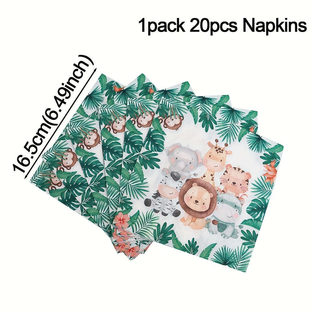 Juego de vajilla con tema de animales de la jungla, 106 piezas: platos, tazas, pañuelos, pajitas y mantel