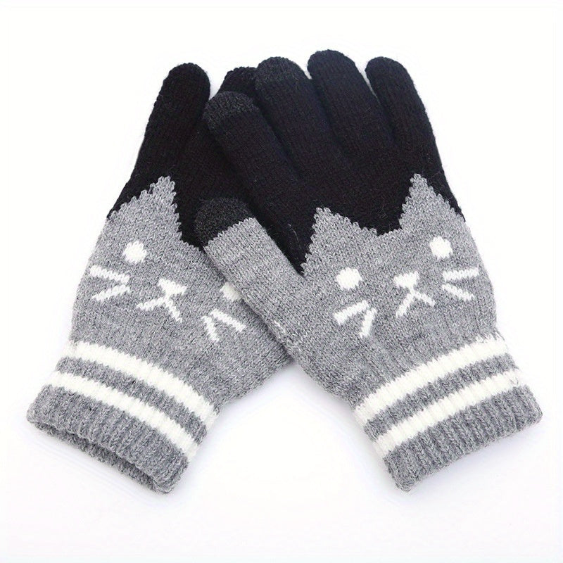 Women's Winter Touch Screen Gloves with Jacquard Cat Design and Warm Polyester