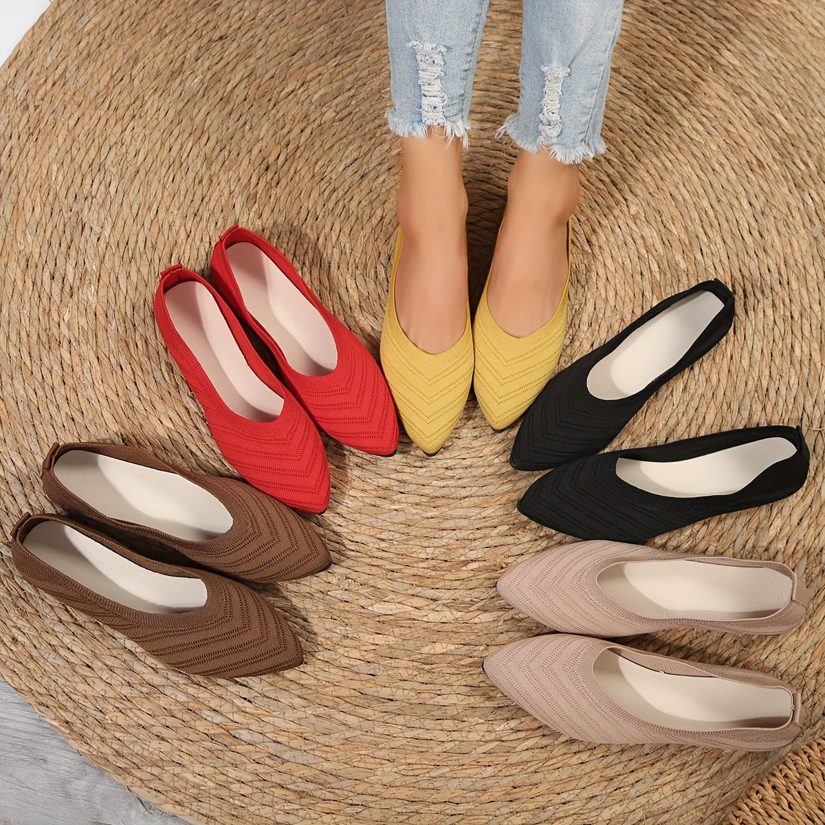 Women's Knitted Slip-On Ballet Flats with Pointed Toe Solid Color Casual All-Season
