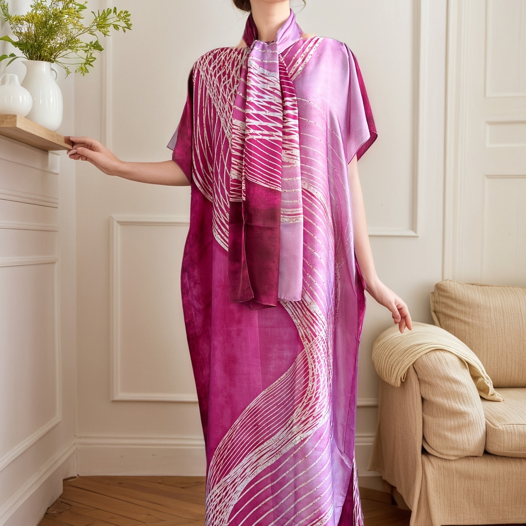 Plus Size Women's Pink Gold Abstract Print Batwing Sleeve Dress with Scarf