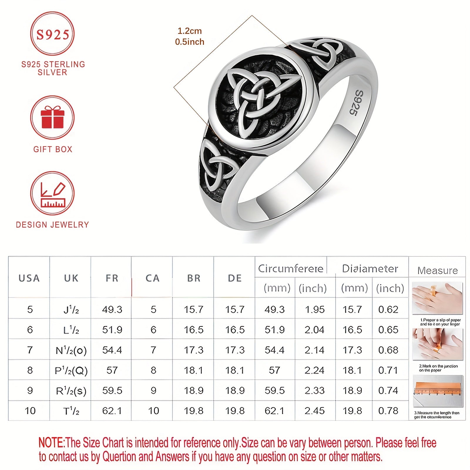 Anillo celta de nudo trinidad en plata de ley hipoalergénica, libre de níquel, caja de regalo