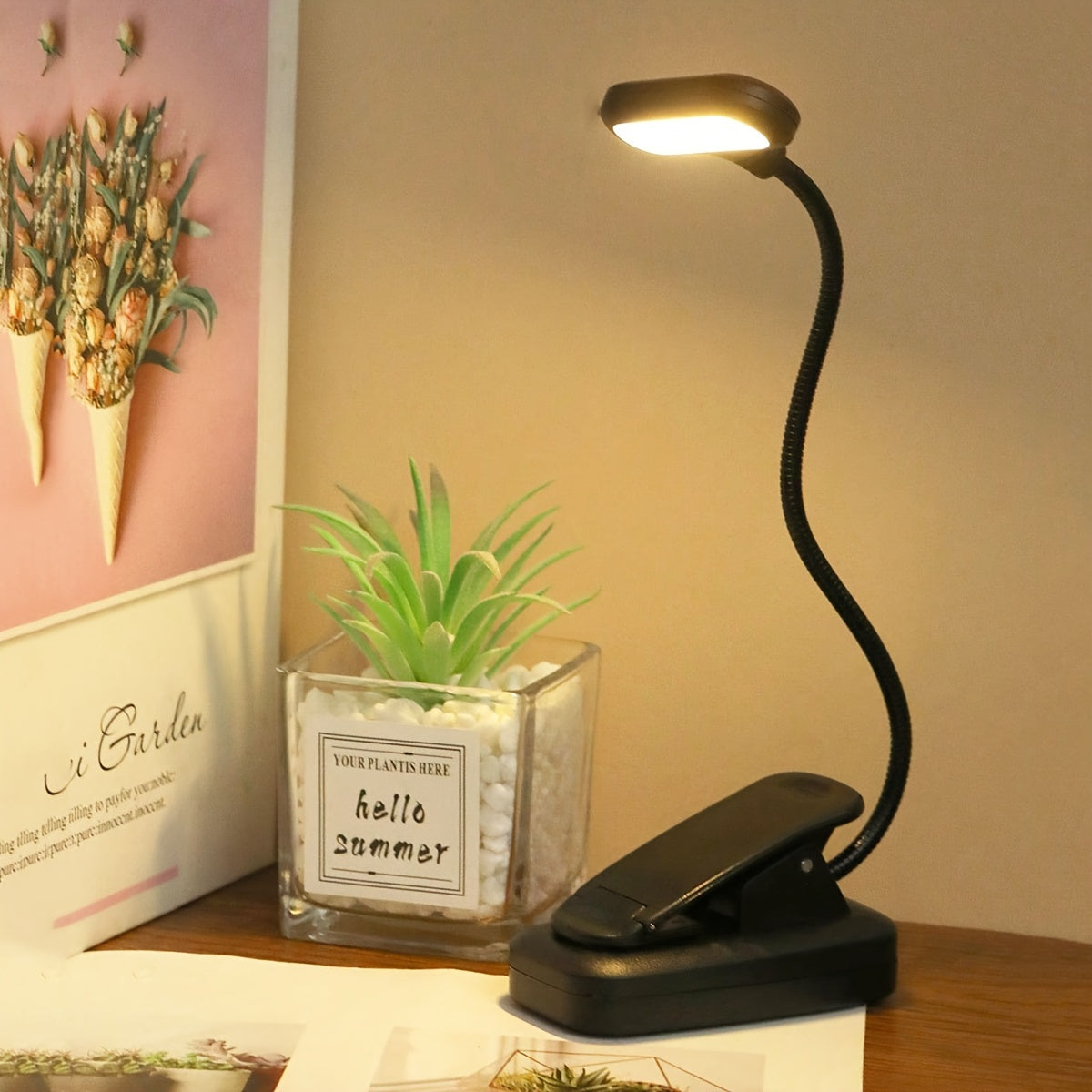 Portable Clip Reading Lamp with Adjustable Arm Battery Operated for Night Reading Desk Use
