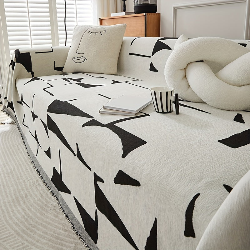 Bohemian Pet-Friendly Sofa Cover with Tassels Non-Slip All-Season for 1-4 Seaters Beige and White Striped