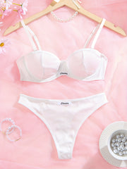 Women's Rib Knit Lingerie Set with Spaghetti Strap Bra and Thong