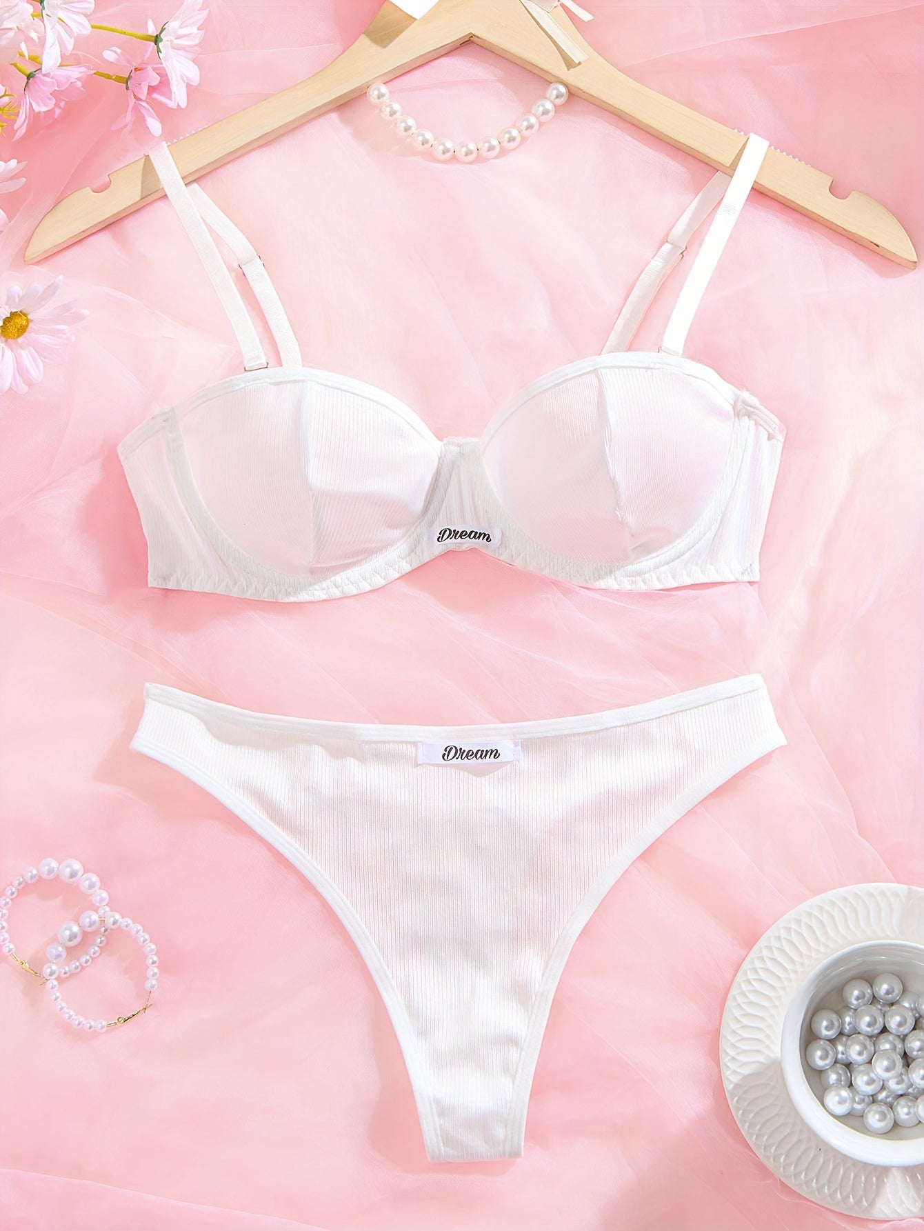 Women's Rib Knit Lingerie Set with Spaghetti Strap Bra and Thong