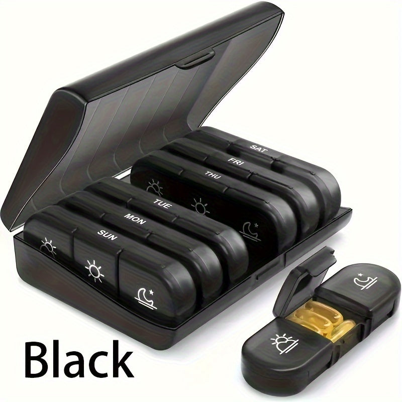 Black Pill Box with 21 Compartments Weekly Portable Plastic Organizer