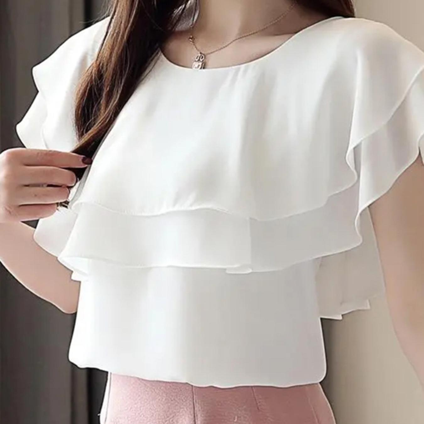 Блузка для женщин больших размеров с коротким рукавом и рюшами, однотонная, из полиэстера, весна-лето