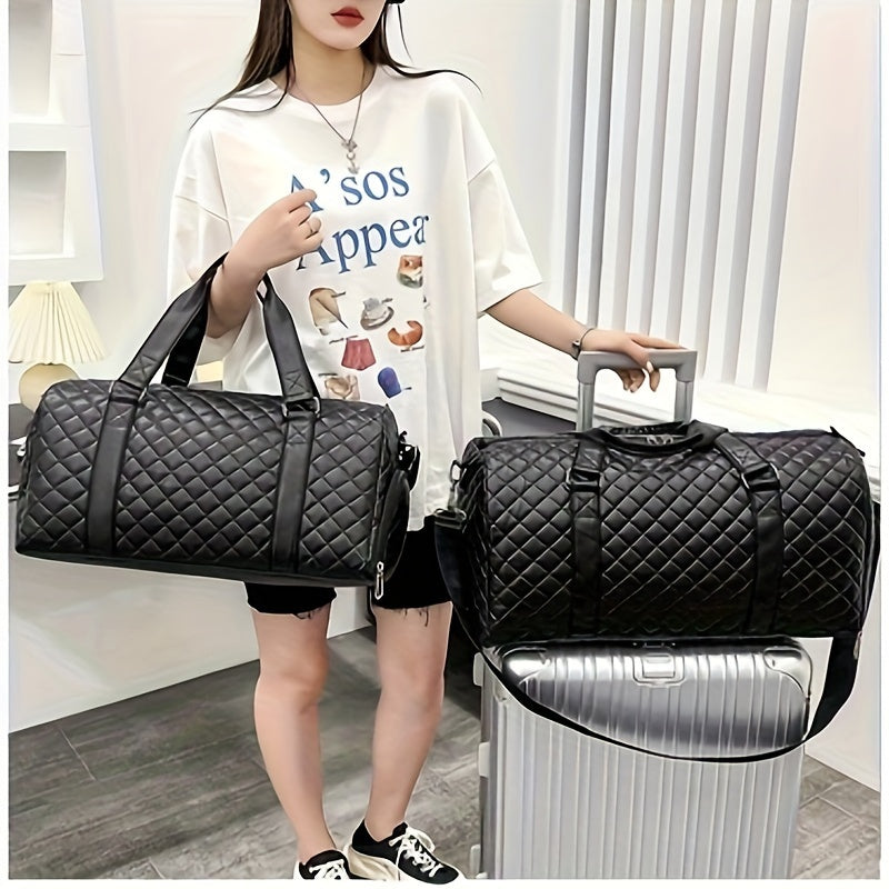Black Quilted Diamond Pattern Duffel Bag with Wet Dry and Shoe Compartments for Travel and Gym