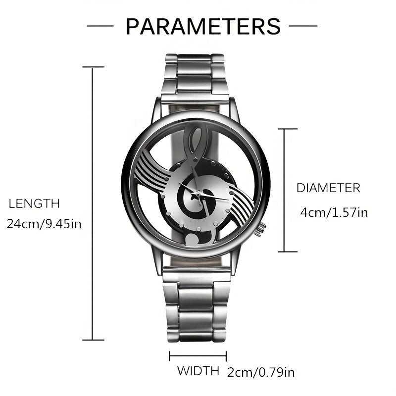 Men's Stainless Steel Quartz Watch with Musical Notation Dial