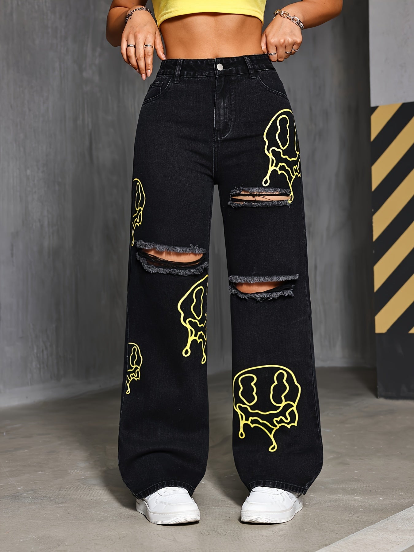 High-Waisted Solid Color Block Denim Jeans for Women Long Woven Fabric