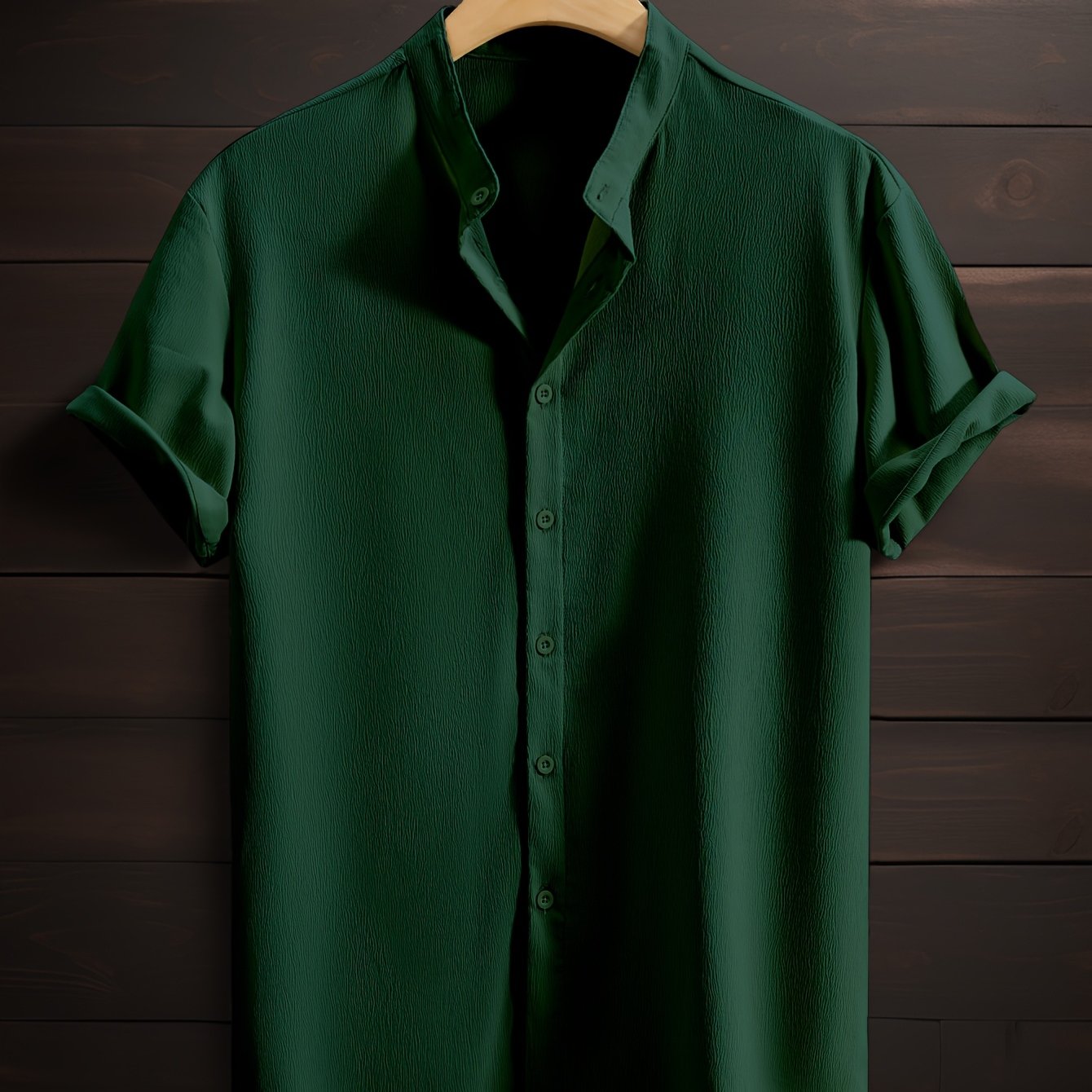 Men's Green Short-Sleeve Woven Cotton Casual Shirt for Summer