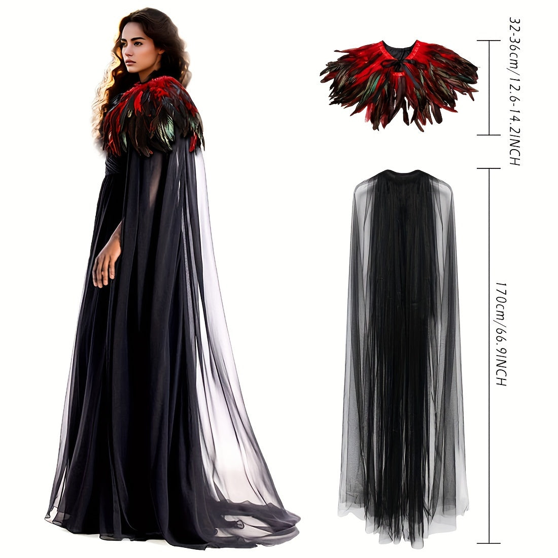 Evil Queen Witch Costume for Women with Feathered Cape Long Robe and Shawl