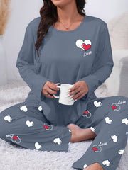 Women's Plus Size Love Heart Print Pajama Set Long Sleeve Sleepwear Soft Polyester Lounge