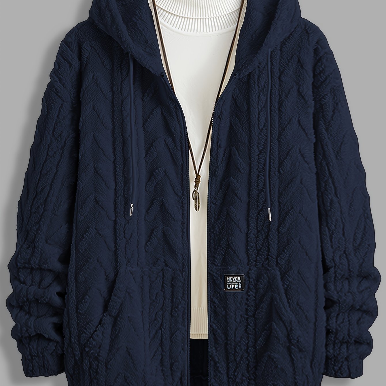 Men's Plush Jacquard Hoodie with Tassel Detail and Contrast Drawstring for Casual Winter Wear