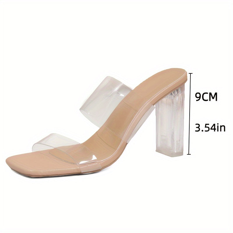 Women's Solid Color Block Heeled Sandals with Transparent Straps Open Toe Slip-On Summer