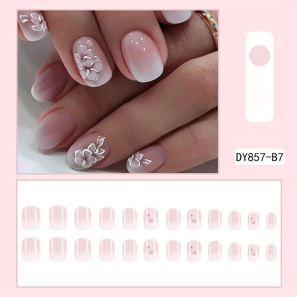 Women Short Square Fake Nails Glossy White Pink Gradient Flower Design 24pcs