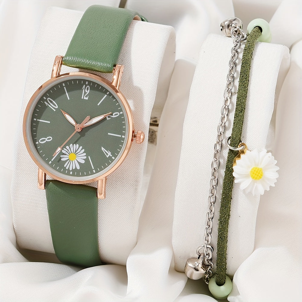 Women's Daisy Flower Quartz Watch with Analog Display and Leather Band 1 2 or 6 Pieces