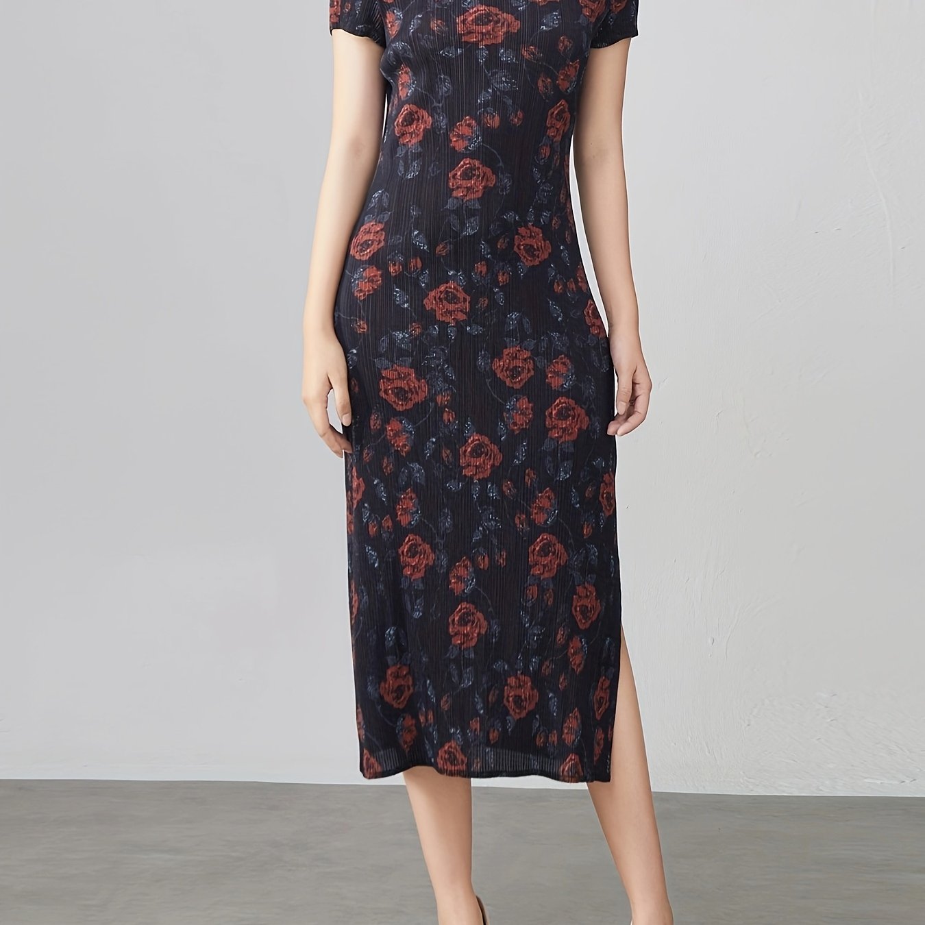 Plus Size Floral Print Qipao Dress Short Sleeve High Stretch Loose Fit Evening Wear