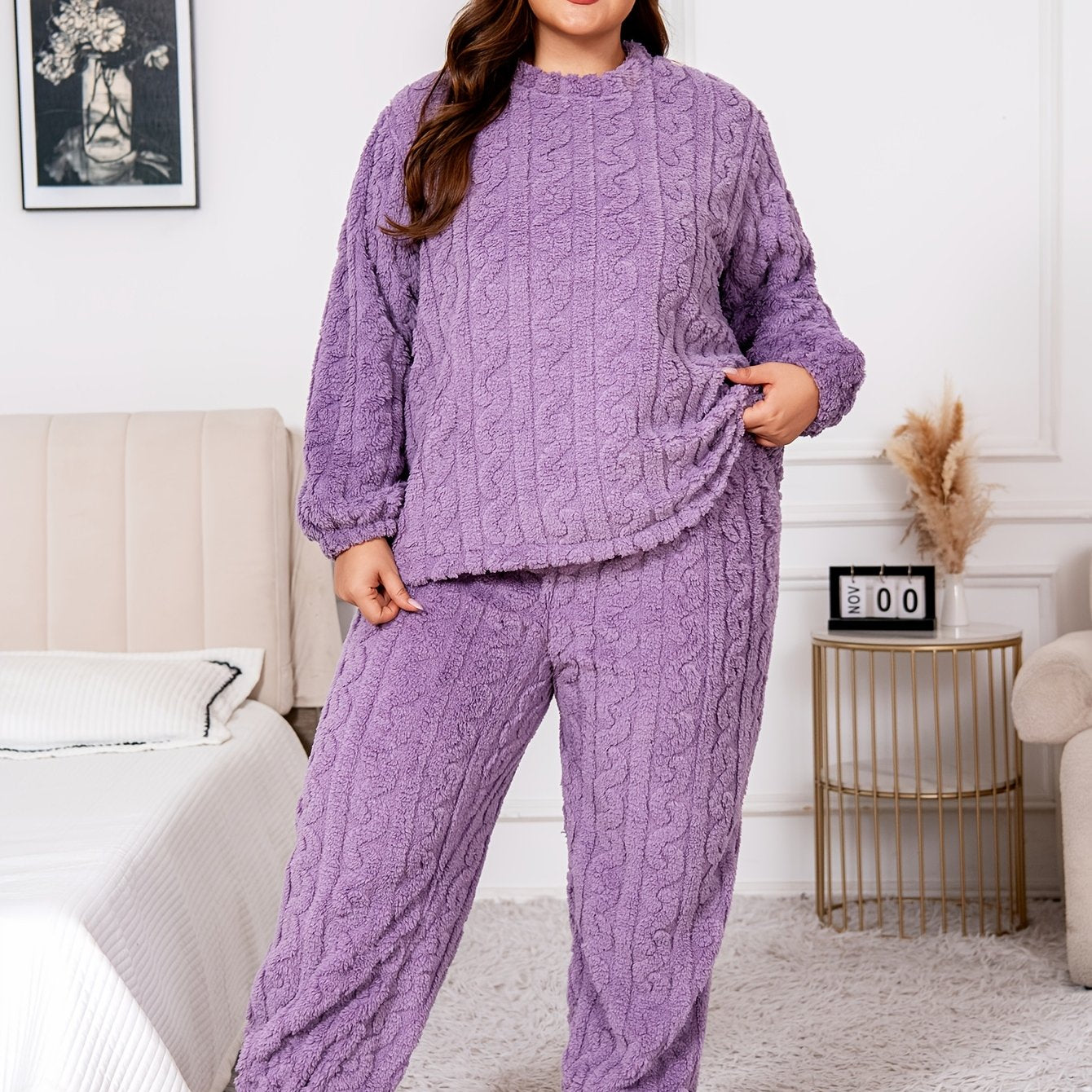 Women's Plus Size Fleece-Lined Flannel Pajama Set Long Sleeve Pants