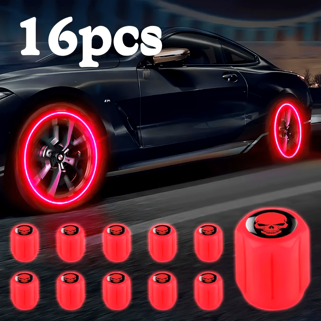 16pcs Fluorescent Skull Tire Valve Caps Glow-in-Dark Red for Cars Bicycles Trucks