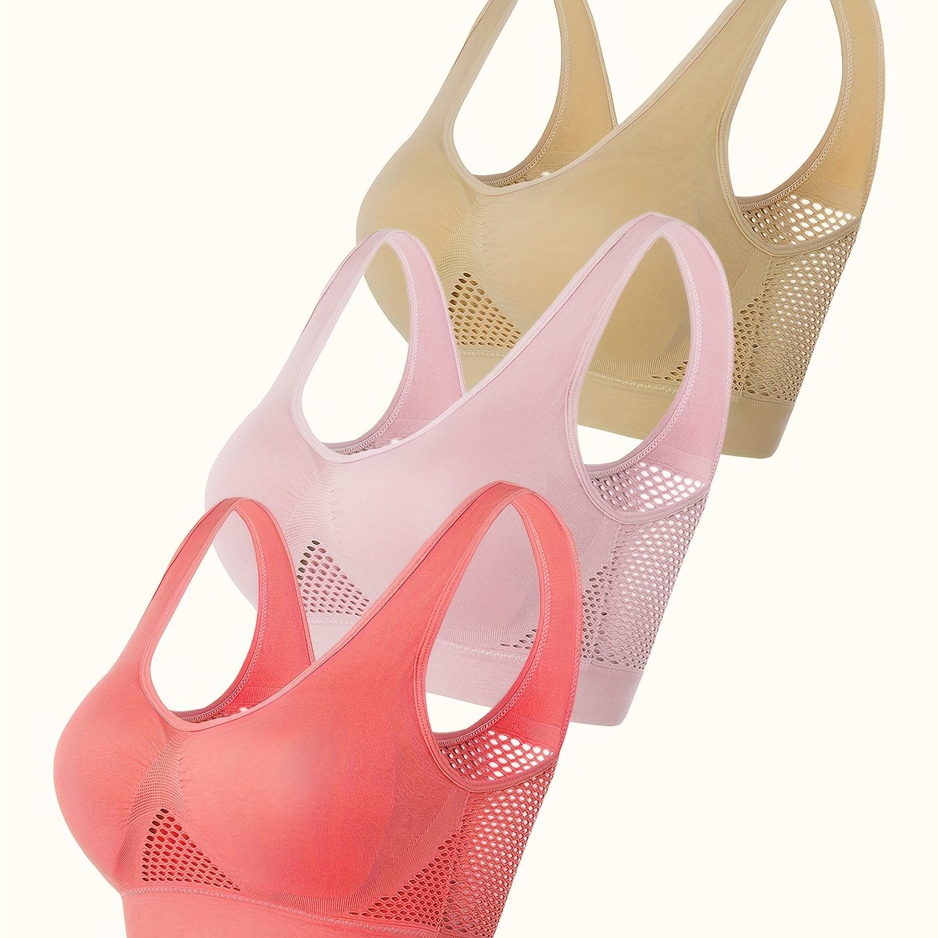 Women's Plus Size Sports Bras Breathable Mesh Wireless Crop Tops Black White 3 Pack