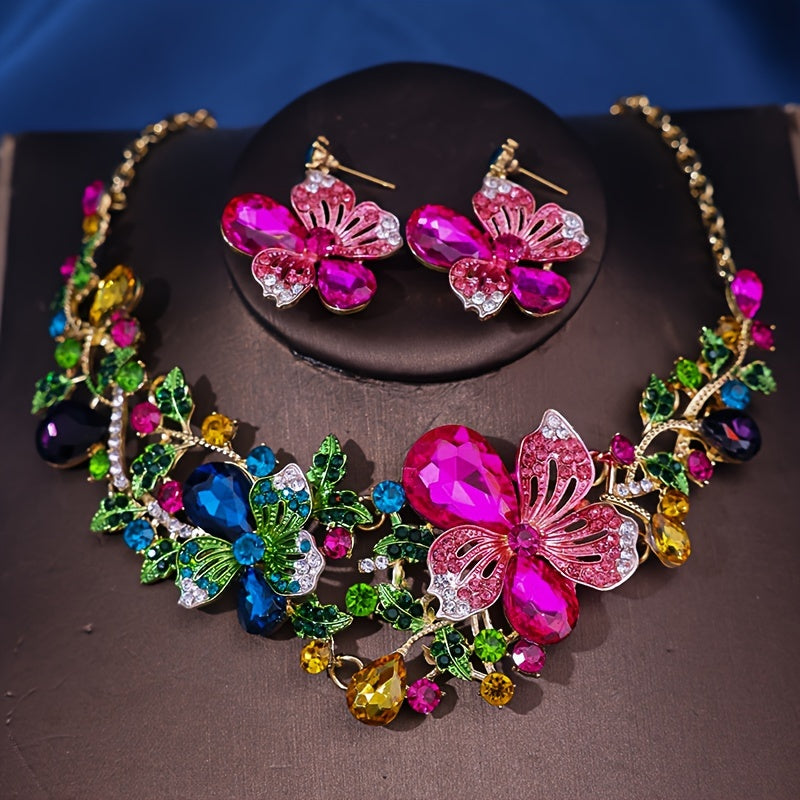 Romantic Flower Shaped Rhinestone Necklace and Earrings Set for Formal Dress