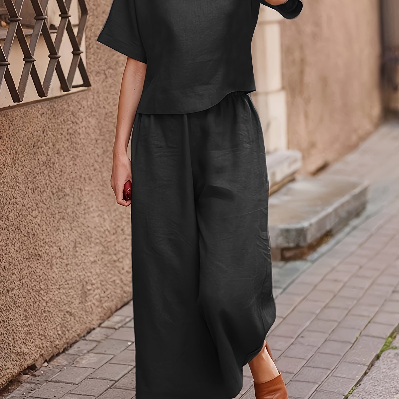 Women's Casual Solid Polyester Crew Neck T-Shirt and Wide Leg Pants Set