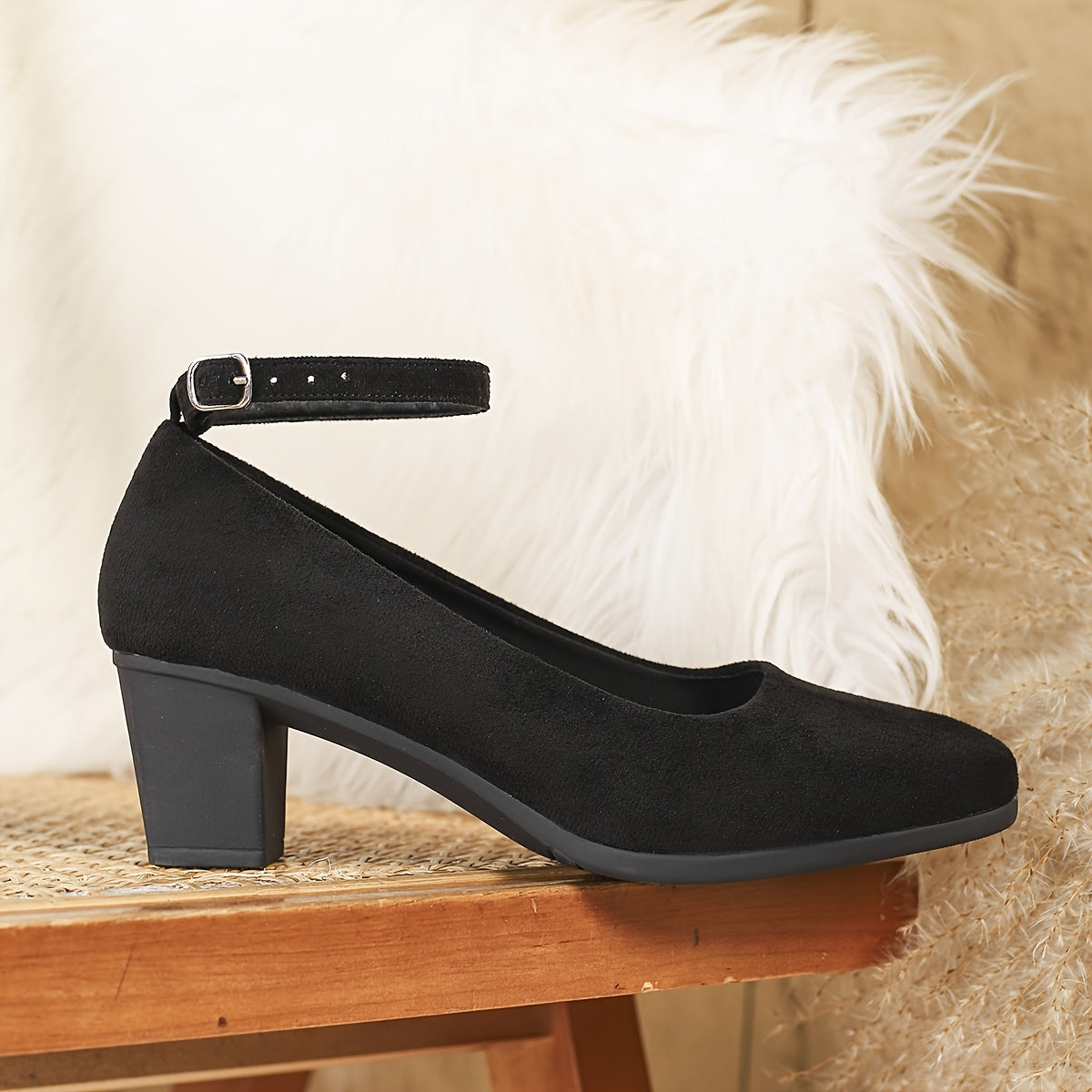 Women's Black Mary Jane Flats with Square Toe and Block Heel