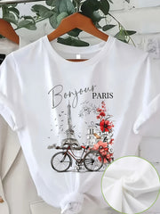 Camiseta de manga corta de verano casual con cuello redondo y estampado de París para mujer talla grande
