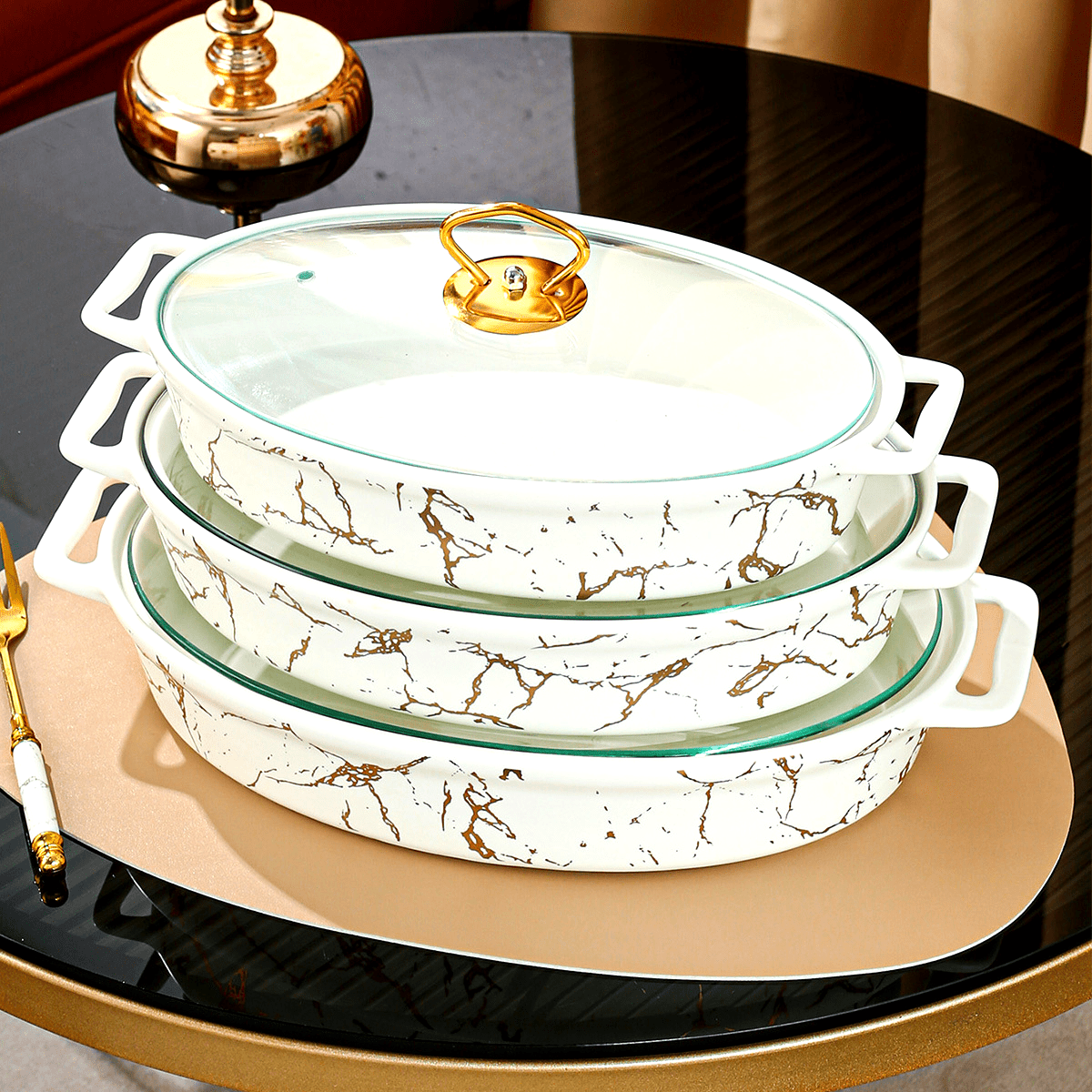 White Oval Ceramic Soup Pot with Lid, Double Handles, Nordic Pattern in Small Medium Large