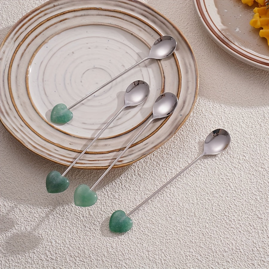 Stainless Steel Spoons with Heart-Shaped Gemstones for Coffee Tea Desserts