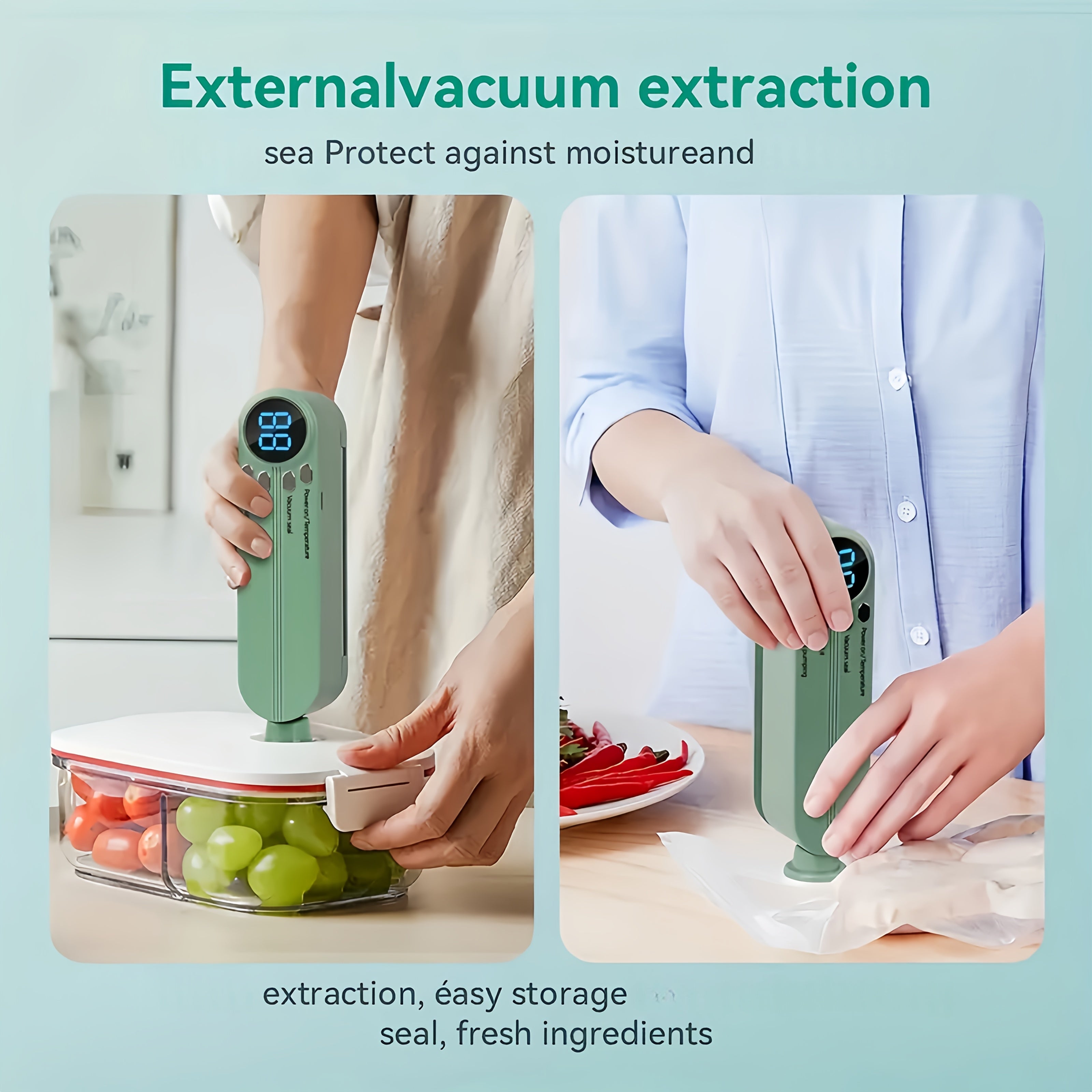 Selladora al vacío portátil con operación manual y batería recargable por USB para uso en la cocina