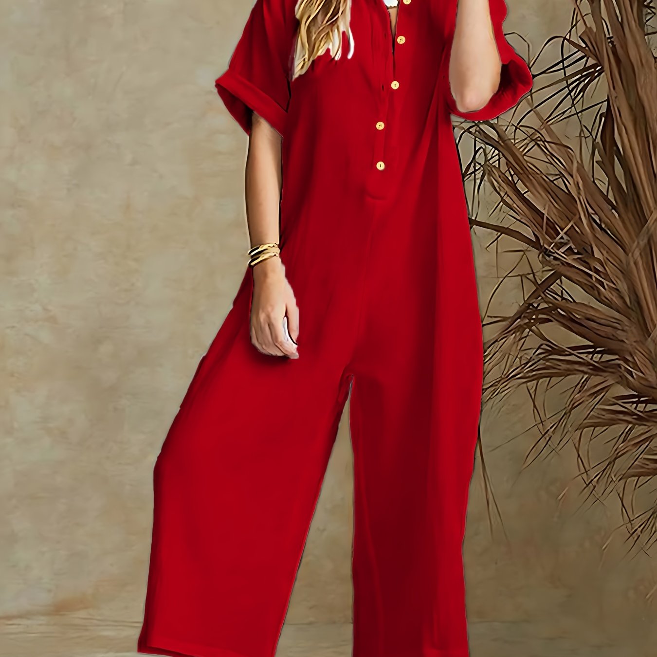 Plus Size Women's Red Jumpsuit with Button-Up Collar and Wide Legs
