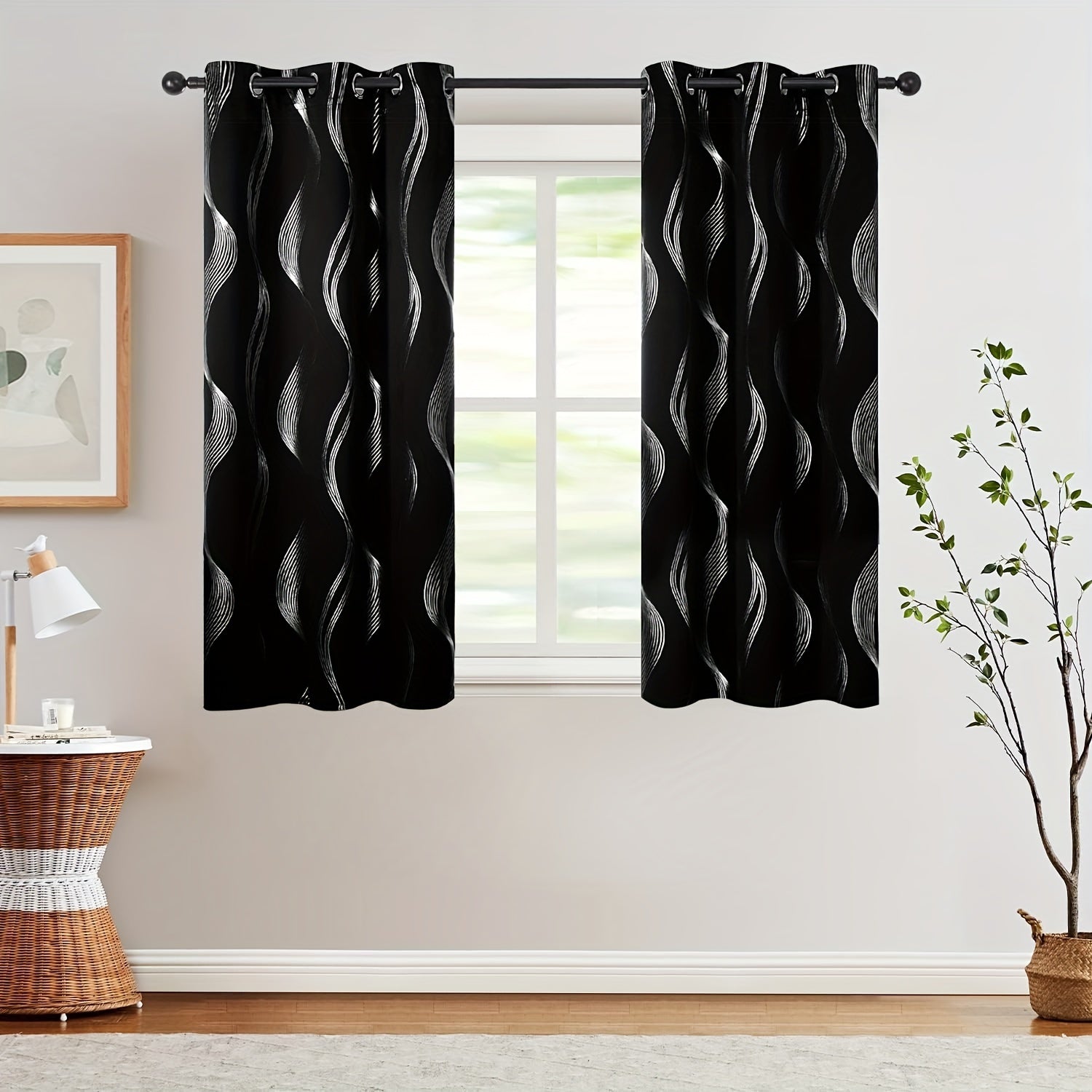 Contemporary Blackout Curtains 2 Pieces Woven Polyester Grommet Top Room Darkening
