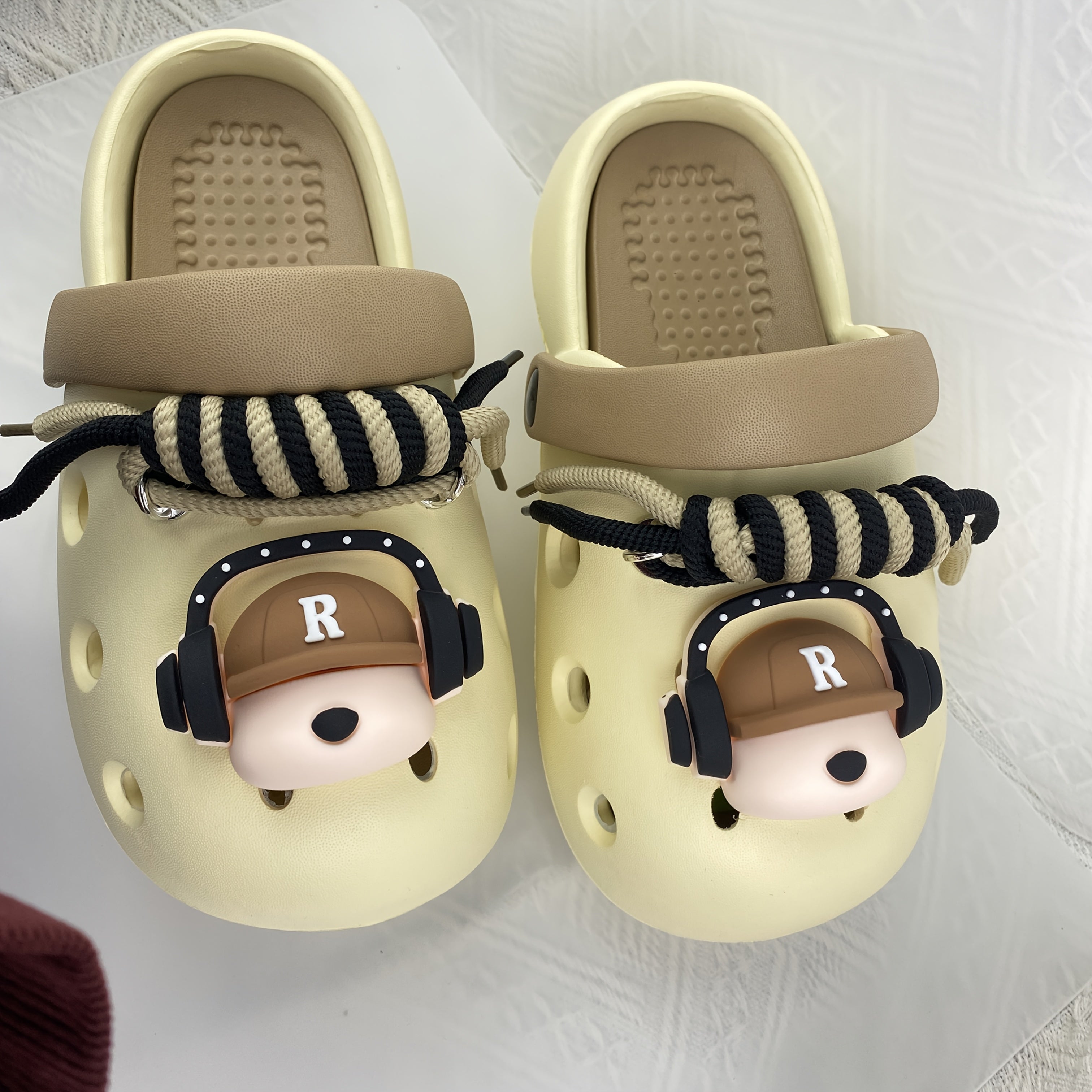 Women's Beige Clog Shoes with Dog Ear Headphones Design Comfort Casual